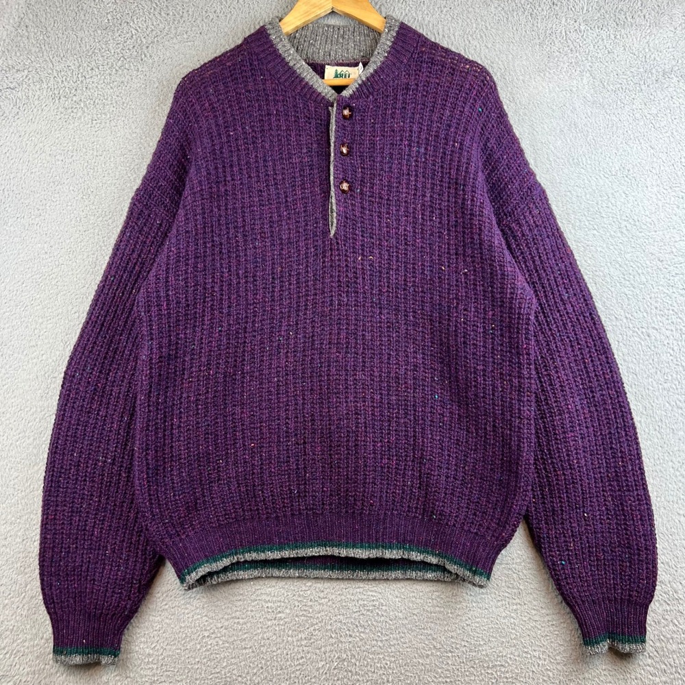REI Vintage 80s Mens Large Purple Donegal Wool Blend Henley Rib Knit Sweater